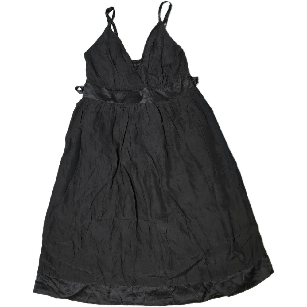 Queenie Silk Midi Dress Women 2 Black Good V-Neck Smocked Back Made in France
